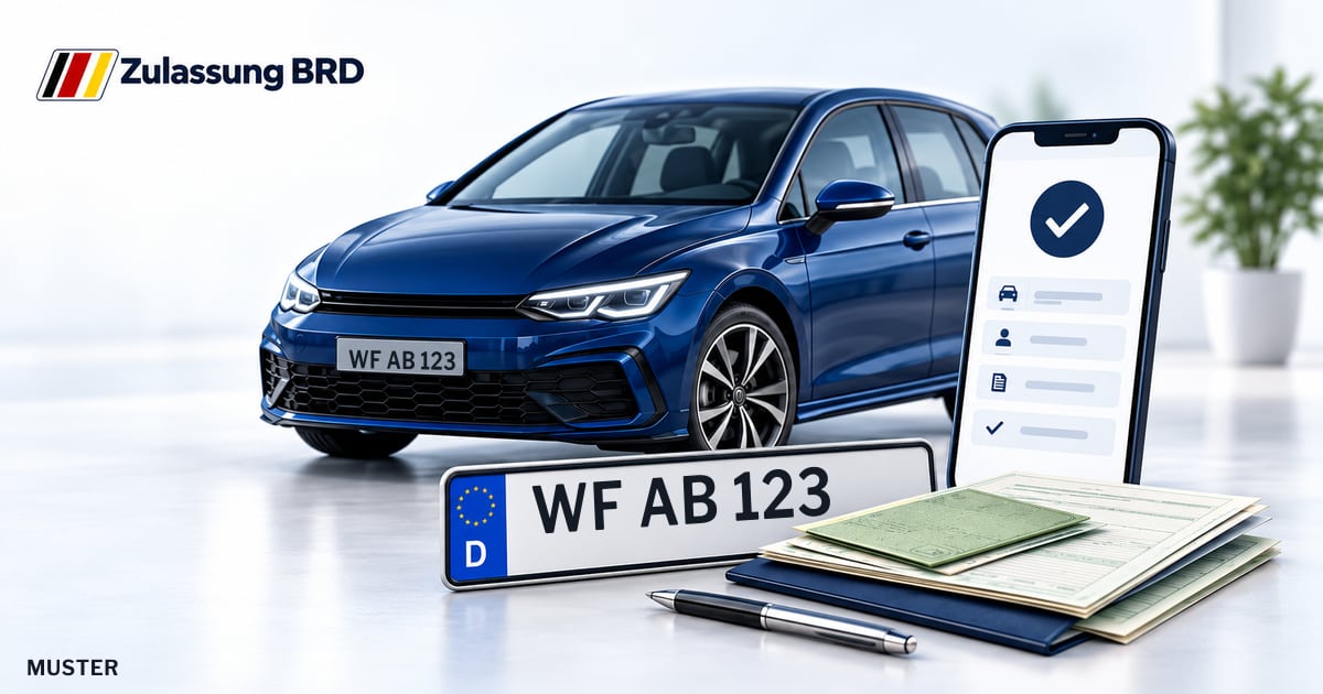 Online Fahrzeugzulassung in Baddeckenstedt: Musterkennzeichen WF AB 123, Auto und Fahrzeugpapiere und Smartphone. Illustration mit Logo von Zulassung BRD.